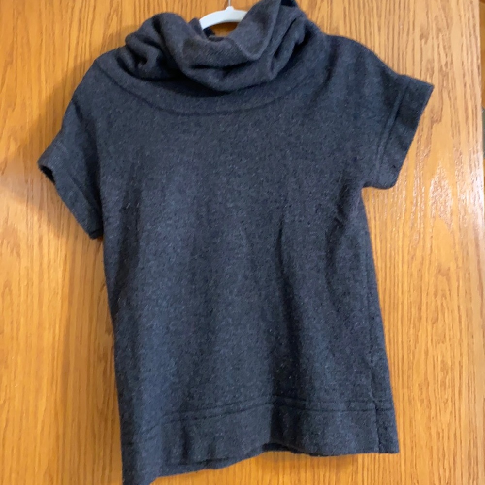 Cowl neck, graphite gray sweater, short sleeves